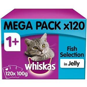  
120 x 100g Whiskas 1+ Adult Wet Cat Food Pouches Mixed Fish in Jelly