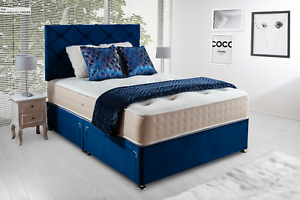  
Soft Blue Plush Velvet Divan Bed, Luxury 3000 Pocket Sprung Mattress + Headboard