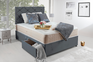  
New Grey Plush Velvet Divan Bed, Luxury 3000 Pocket Sprung Mattress + Headboard