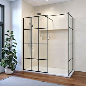  
Black Shower Enclosure With Shower Tray 8mm Tempered Glass Walk in Wet Room