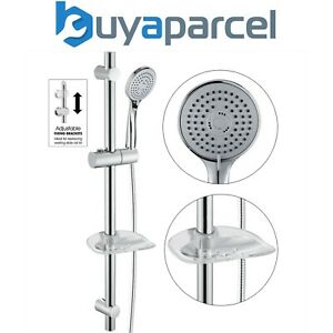  
Chrome Stainless Steel Shower Riser Rail Kit + Shower Head + Hose + Soap Dish