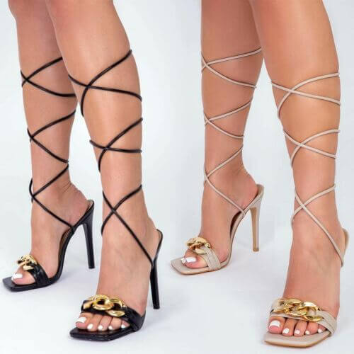 High Heels Chains Sandals Tie Up Laces Designer Party Fashion Shoes Womens Size
