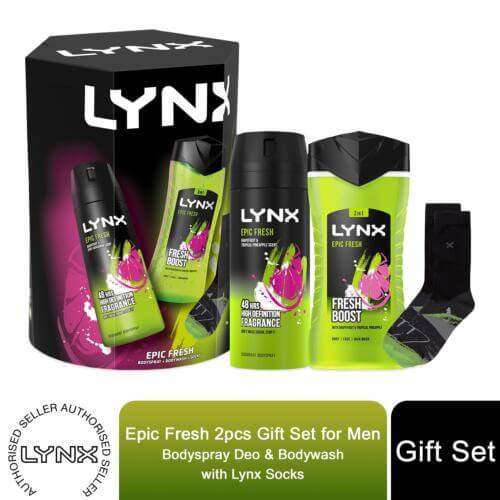 Lynx Epic Fresh Bodyspray Deo & Bodywash 2pcs Gift Set For Men with Lynx Socks