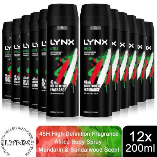 Lynx XL Africa Body Spray 48H Fresh Mandarin & Sandalwood Scent Deo, 12x200ml