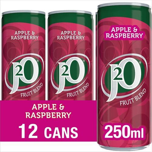J20 / J2O Apple & Raspberry Fruit Soft Drink 250ml x 12 Cans Tins FREE POST