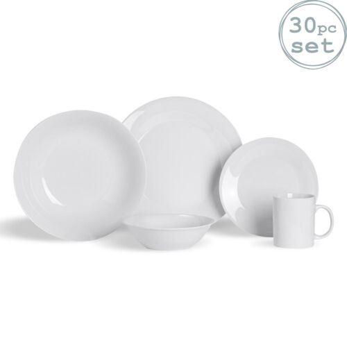 White Dinner Crockery Dining Set. Plates Bowls Mugs Cups Dinnerware – 30 Piece