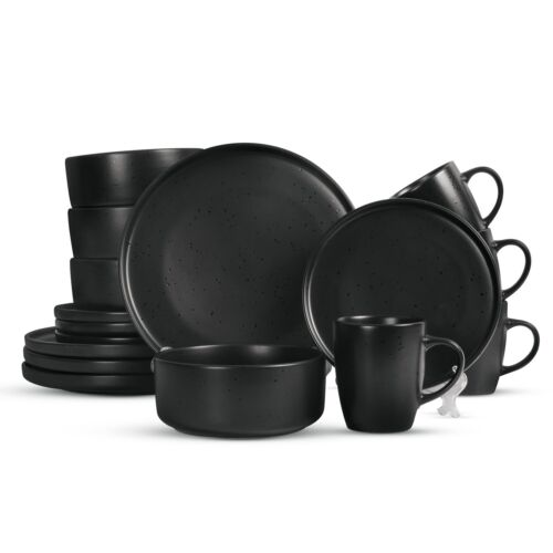 Dinner Plates Set Stoneware Dinnerware 16 Piece Tableware Crockery Bowls Black FREE NEXT DAY DELIVERY | 2 YEAR WARRANTY | FREE RETURNS