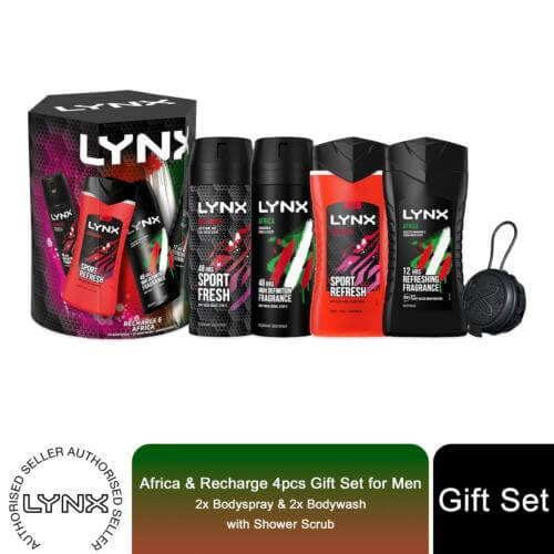 Lynx Africa & Recharge Bodywash Bodyspray 4pcs Gift Set For Men with ShowerScrub