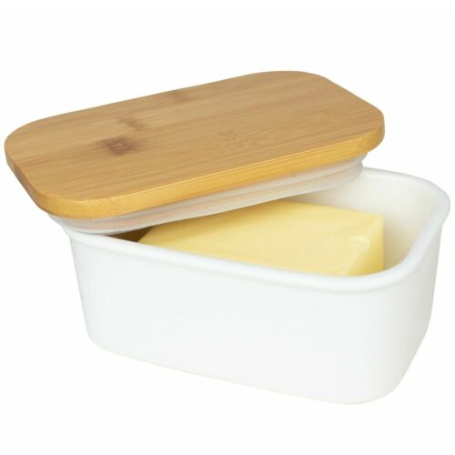 Butter Dish With Lid Ceramic White Porcelain Keeper Kitchen Container Bamboo UK