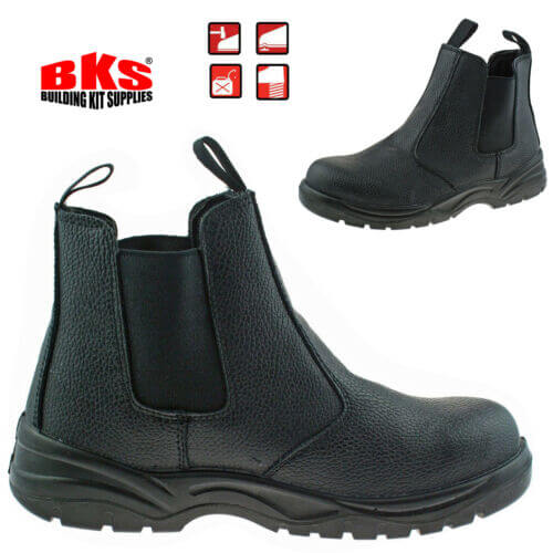 Mens BKS Steel Toe Safety Slip On Work Dealer Boots – Black with STEEL MID-SOLE BLACK SAFETY LEATHER BOOTS WITH MIDSOLE