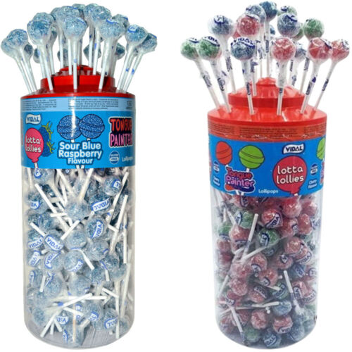 Vidal Sour Blue Raspberry Cherry Tongue Painter Lotta Lollies Full Tub Of 150