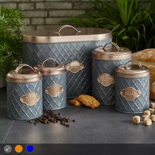 Neo Diamond Embossed Kitchen Canister Tea Coffee Sugar Biscuit Tin Bread Bin Set