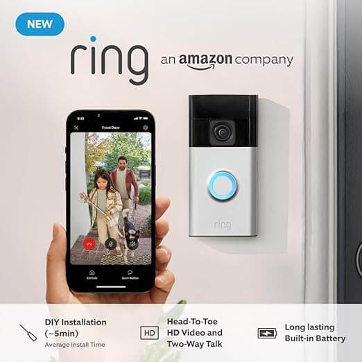 New Ring Battery Video Doorbell (2024 release) | DIY Wireless Video Doorbell Camera I Head-To-Toe View, HD Video | Easy to install (5 min) | With Built-in Battery I 30-day free trial of Ring Protect